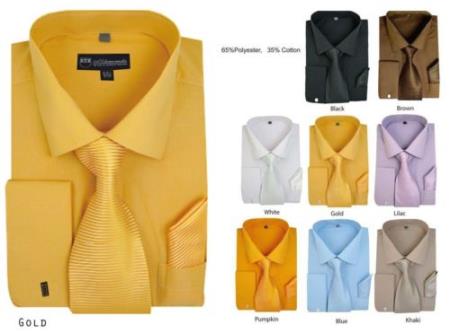 Men's Solid Dress Shirt French Cuff Matching Tie+Handkerchie