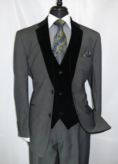 Black Suit Gray Vest Mens  Velvet Suit Two Button Grey Velour Vested Side Vents Tuxedo Black 2 toned Suit