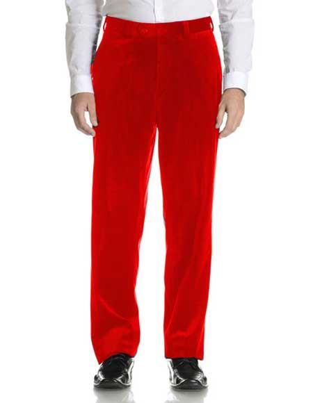 Men's Hot Red Velvet Flat Front Modern Fit Pant
