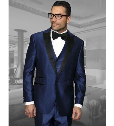 Men's 3 Piece Wool Tuxedo 1 Button Vested Peak Lapel Dinner Jacket Indigo ~ Bright Blue