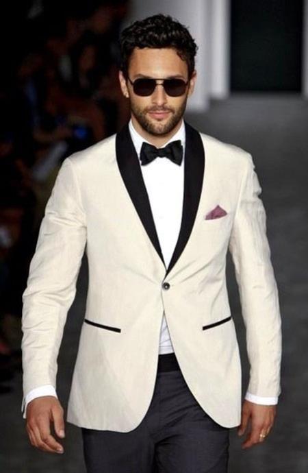 Men's Ivory and Black Satin Lapels Dress The Groom Holds The