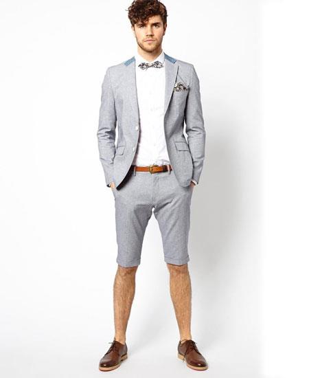 Men's Summer Business Light Gray Suits With Shorts Pants Set