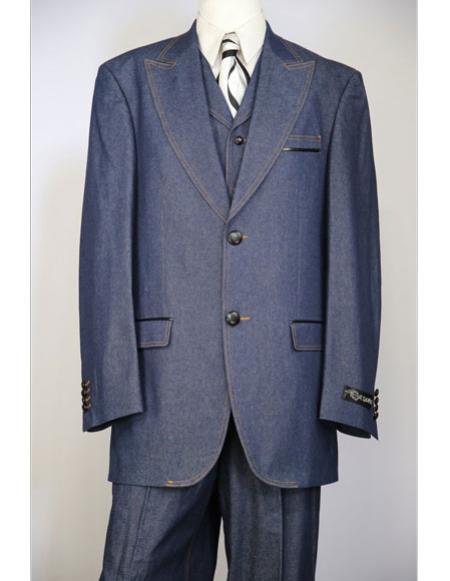 Men's Dark navy blue Suit For Men brass & faux leather accents denim 3pc zoot suit