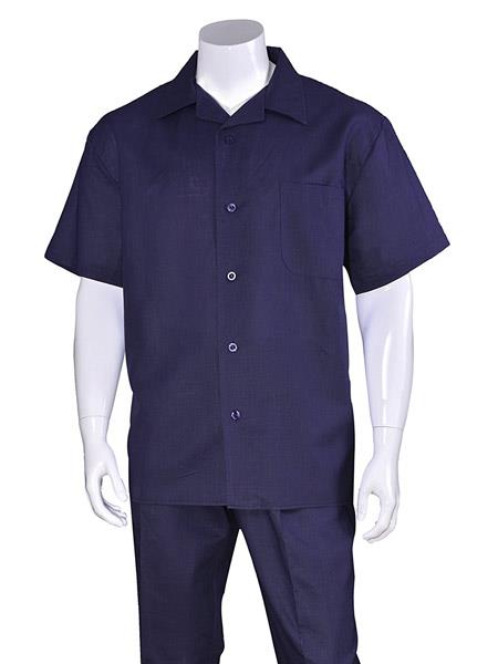 Men's Dark Navy 100% Linen Short Sleeve Plain Casual Casual Two Piece Mens Walking Outfit For Sale Pant Sets Suit With Pleated Pant - Mens Linen Suit