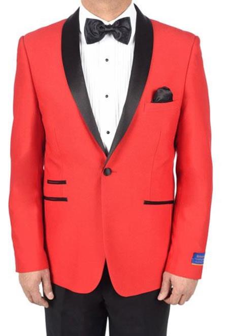 Men's Red 1 Button Viscose Blend Tuxedo Solid Pattern Shawl Lapel Dinner Jacket - Red Tuxedo