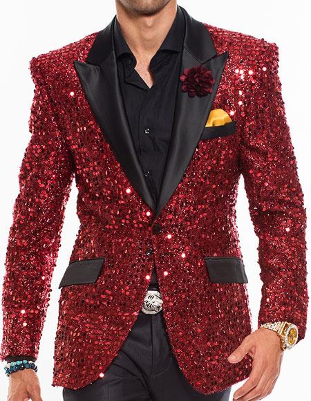 Mens Sequin Paisley Red Dinner Jacket Tuxedo Blazer Glitt