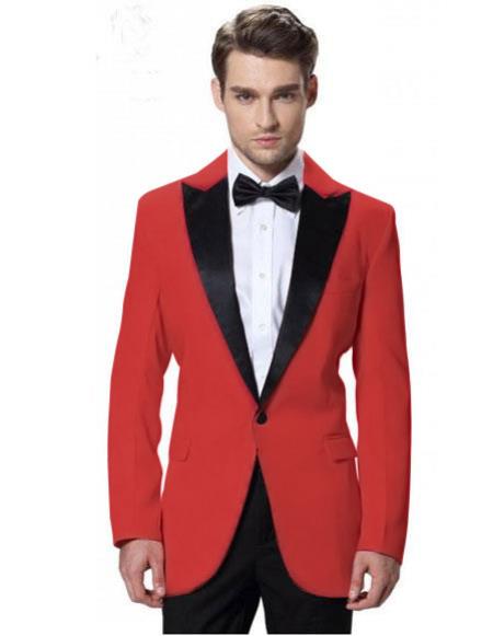 Men's Red Jacket Black Lapel Tuxedos with Black Pant One Button Elegant Slim Fit Wedding Suit - Red Tuxedo