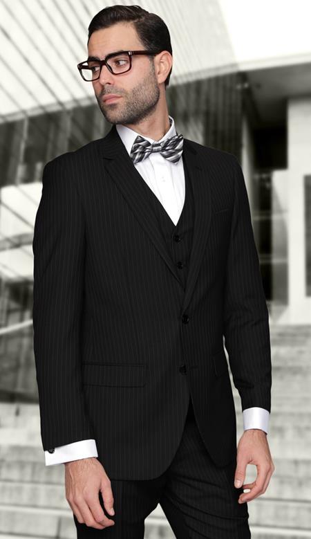 Men's Black Pinstripe Three Piece Suit