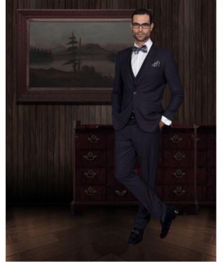 Men's 2-Button Vested 3 Pieces Slim Fitted Cut Skinny Lapel Suit Eggplant 