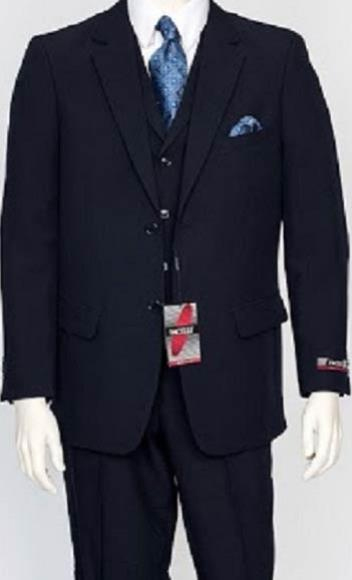 Men's Dark Navy 3 Piece Regular Fit Poly Poplin  Vested Dress Suit - Dark Blue Suit Color