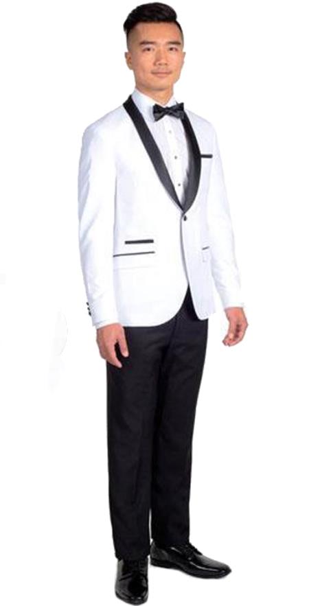 Men's  White Slim Fit 1 Button Tuxedo with Black Shawl Lapel