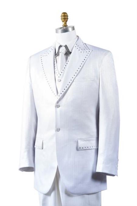 Men's White Sharkskin Rhinestone 3 Piece Entertainer Suit