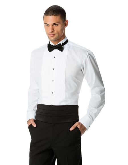 Men's White Pleated White Tuxedo Shirt + Black Cummerband