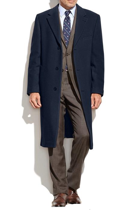 Designer Brand Mens Topcoat Wool Cashmere Blend Columbia Overcoat Navy