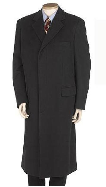 LANZINO Men's Full Length Solid Black Overcoat Wool Blend Si