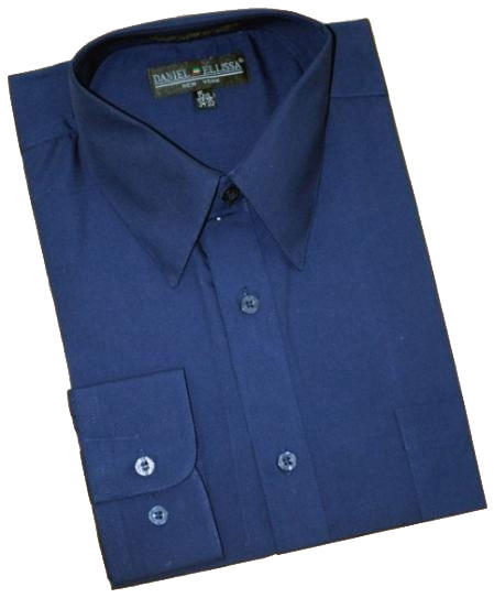Navy Blue Cotton Blend Dress Shirt With Convertible Cuffs