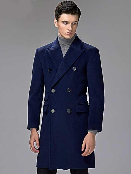 Mens Navy Blue Double Breasted Cashmere And Wool Overcoat Topcoat