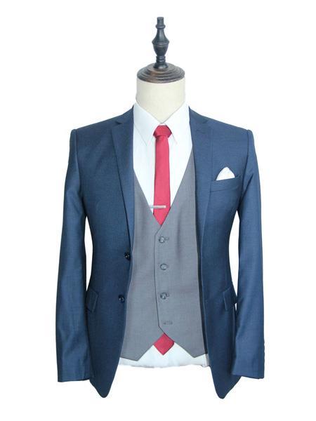 Navy Blue Suit For Men With Grey Vest  Vested 3 Piece Wool suit