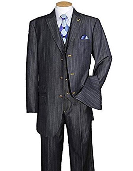 Men's Stripe ~ Pinstripe Peak Lapel Vested 3 Piece Dark Navy