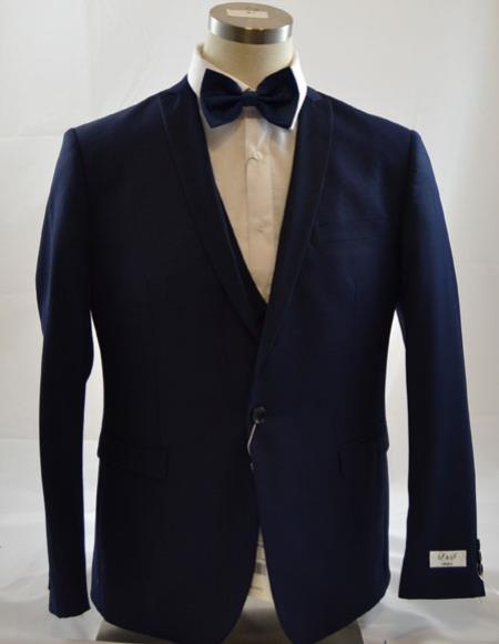 Men's 1 Button Peak Lapel Vested Dark navy suit Peak Lapel 3 Piece Suits Slim Fit Tapper Cut