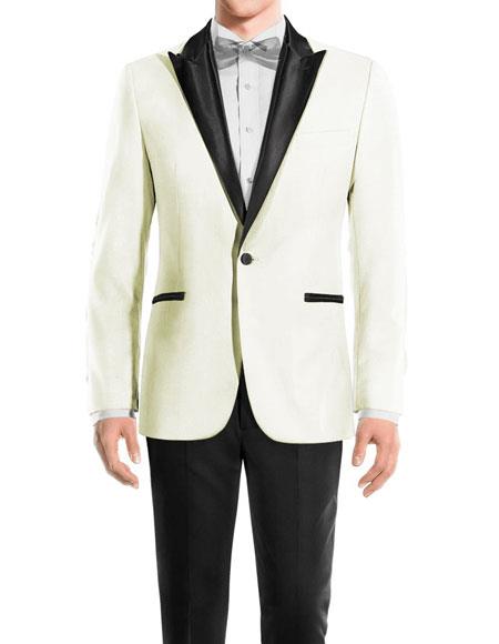 Men's One Button Peak Black Lapel Wool OffWhite tuxedo