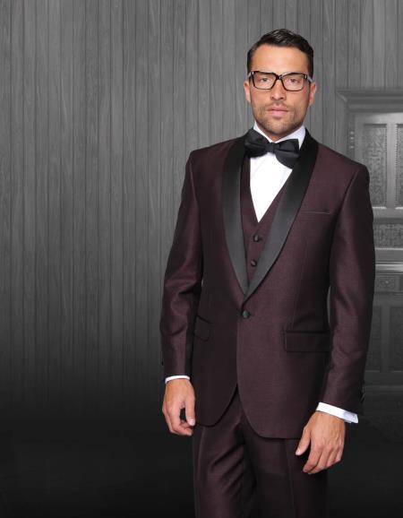 Mens One Button Classic Three Piece Burgundy Maroon Wine