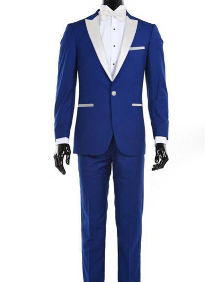Men's Royal Blue 1 Button  White Satin Lapel Tuxedo Dress Suits for Men