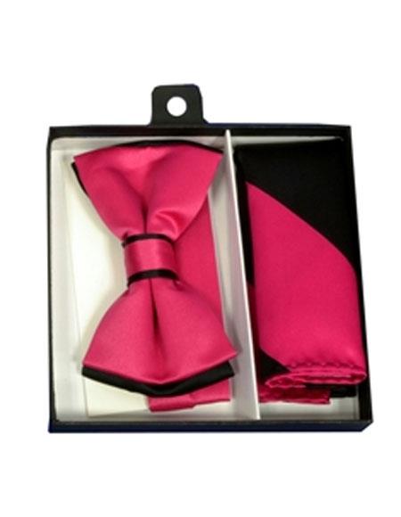 Men's Polyester Black/Hot Pink Satin dual colors classic Bowtie with hankie - Men's Neck Ties - Mens Dress Tie - Trendy Mens Ties