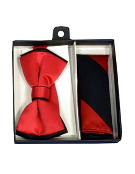 Men's Polyester Black/Red Satin dual colors classic Bowtie with hankie - Men's Neck Ties - Mens Dress Tie - Trendy Mens Ties