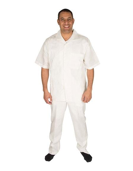 Men's Button Closure Short Sleeve Offwhite 100% Linen 2 Piece Pleated Pant Shirt Walking Leisure Suit