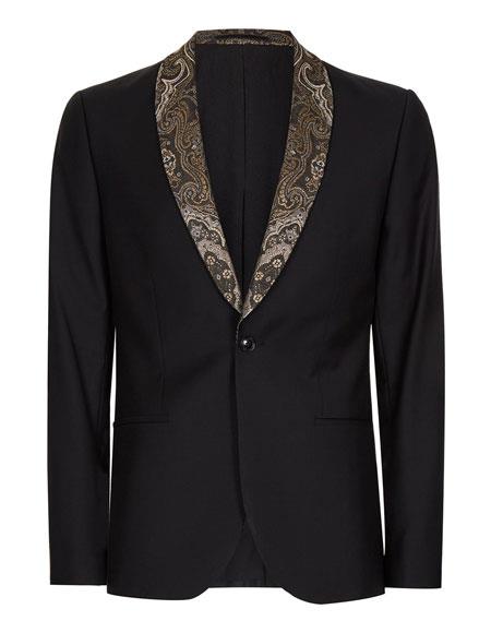 Men's Single breasted Tuxedo Black Contrast Gold Lapel Skinny Fit Jacket