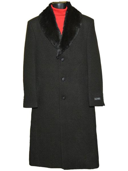Men's Dress Coat Fur Collar Black 3 Button Wool Full Length Overcoat