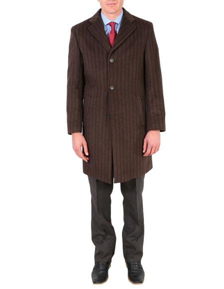 Men's Dress Coat carcoat Brown Stripe tone 100% Wool Overcoat