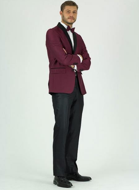  Men's  Burgundy ~ Wine ~ Maroon Color Shawl Lapel Side Vents Jacket Burgundy Tuxedo