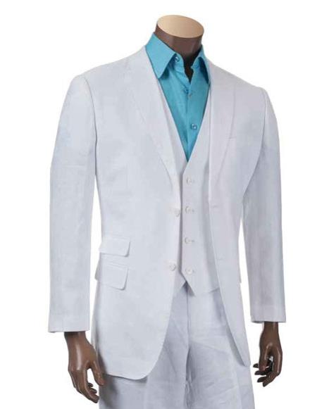 Men's Two Buttons Linen fashion vested White 3 piece suit