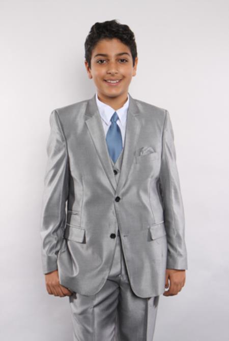 Boy's Silver Sharkskin 5 Piece  Perfect for toddler Suit wedding  attire outfits