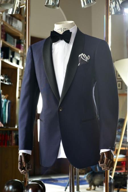 Men's Vested Black Lapel Two toned blue Tuxedo Shawl Collar Single Button