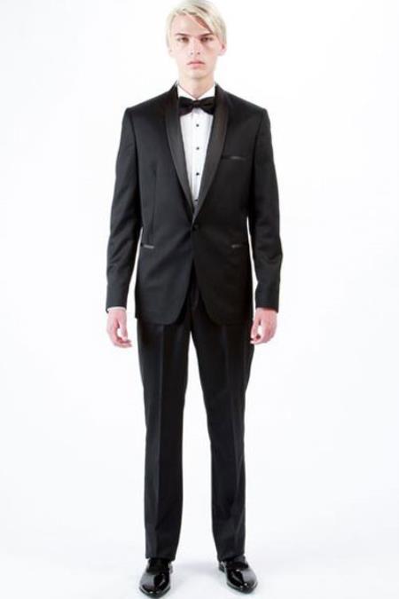 Men's 1 Button Shawl Lapel Wool Tuxedo Black Slim Fit  Suit