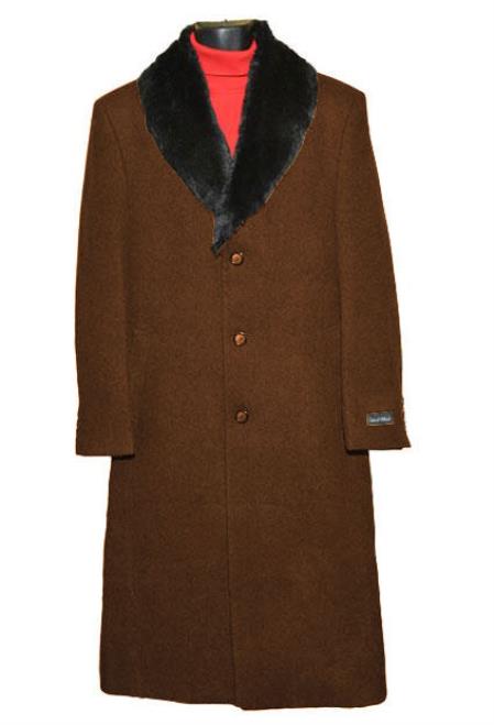 Men's Dress Coat Brown (Removable ) Fur Collar 3 Button Full Length Overcoat ~ Long Men's Dress Topcoat -  Winter coat full length Fabric Also