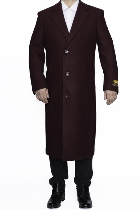 Full Length Long 3-Button Notch Lapel Burgundy Overcoat