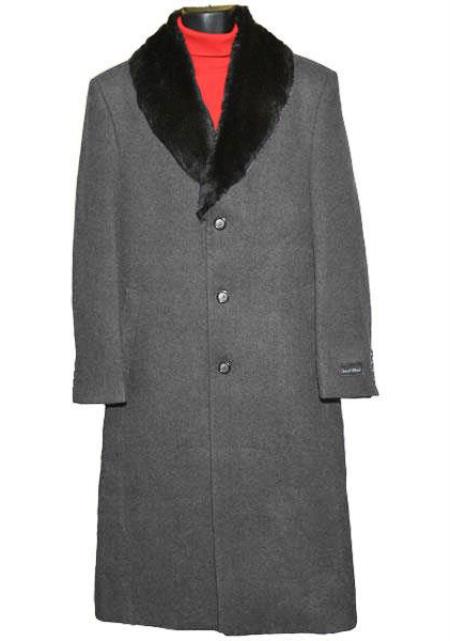 Men's Dress Coat (Removable ) Fur Collar 3 Button Charcoal G