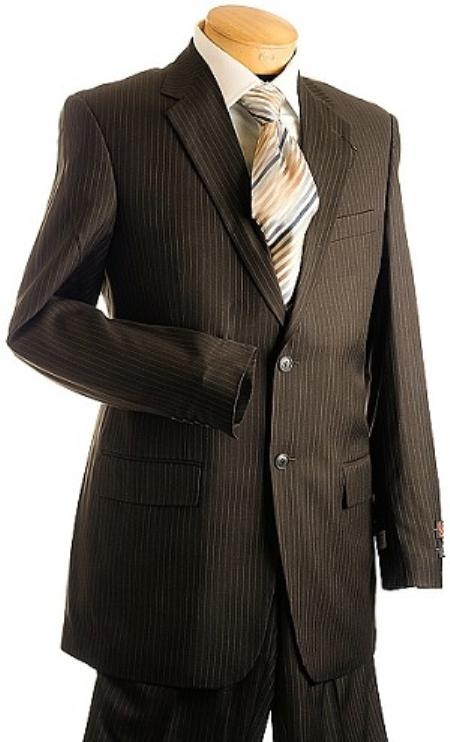 3 Button Brown Pin Stripe ~ Pinstripe Men's Suit Brown 2 Piece Suits - Two piece Business suits Suit