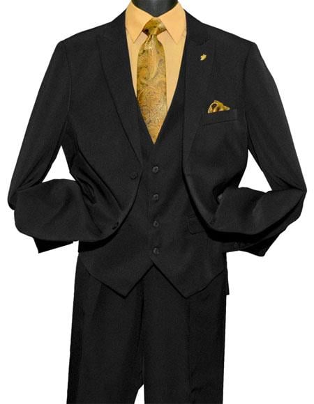 Mens Fashion 2 Button Black Vested Peak Lapel Suit