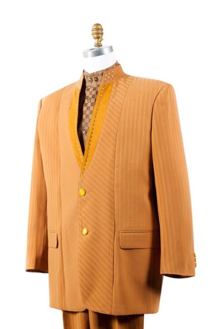 Men's Button Fastener Rhinestone Accents Cross Stripe Camel Mandarin Banded No Collar Suit