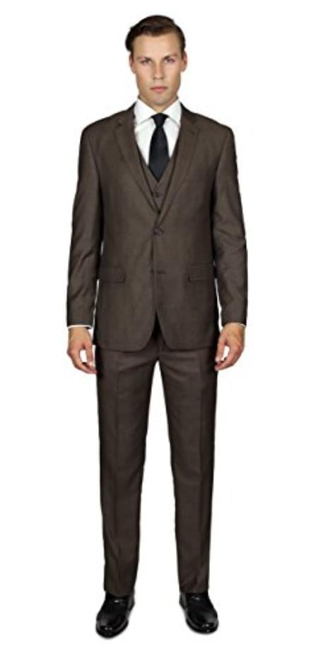 Men's Mocha 2 Button  Three Piece TR Blend Suit Affordable - Discounted Priced On Clearance Sale