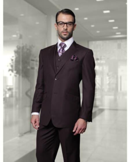 Statement Confidence Men's Plum (Eggplant) 2 Button Modern Fit Suits Wool Fine Brands Best Italian Style Cut Suits