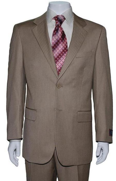 Men's Two Button Tan ~ Beige Mini Pinstripe Cheap Priced Business Suits Clearance Sale