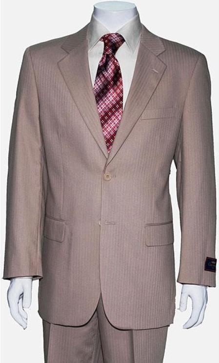 Men's Two Button Tan ~ Beige Shadow Stripe ~ Pinstripe Cheap Priced Business Suits Clearance Sale