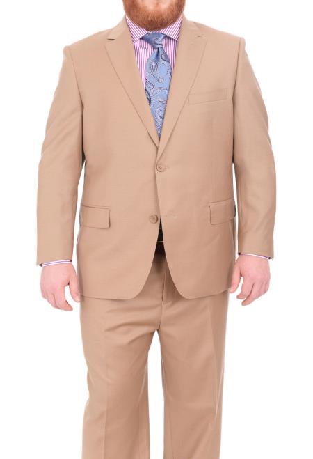 Mix and Match Suits Men's Super 140's Two Button Portly Solid Tan Suit Executive Fit Suit - Mens Portly Suit