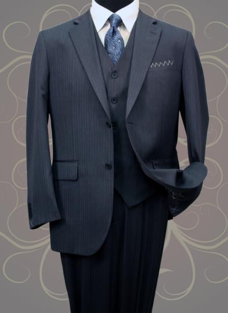 Mens Three Piece Suit - Vested Suit Classic Vested 3 Piece 2 Button Dark Navy Mini Pinstripe Men's Suit Flat Front Pants